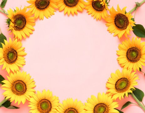 Summer concept with a beautiful circular border of fresh yellow sunflowers and green leaves on a pastel pink background. Flat lay, top view with empty space for text - Powered by Adobe