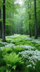 Lush Green Forest Understory with White Wildflowers