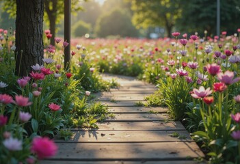 Serene flower meadow with a wooden path surrounded by vibrant blooms