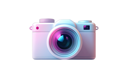 A stylized, 3D model of a camera, featuring a vibrant color gradient