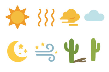 Desert Weather Icons. Flat vector mini-illustrations desert weather in colors children's illustrations: blazing sun, heat waves,