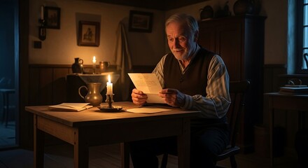 Elderly man reads a letter by candlelight in a historic interior.