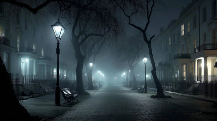 Foggy London street with Victorian architecture, gas lamps and lone man.