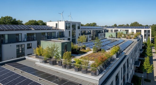 Sustainable Cityscape: An expansive rooftop panorama showcases a modern apartment building's rooftop solar panels. A beacon of green innovation, merging eco-friendly technology with urban living. 