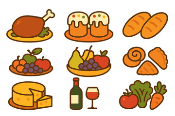 Festive Feast Icons. Flat vector mini-illustrations feast day food in colors children's illustrations: roasted lamb, decorated