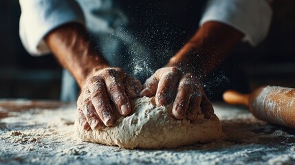 Hands kneading dough on a flour-dusted surface, with a rolling pin visible in the background, capturing the essence of baking and culinary preparation