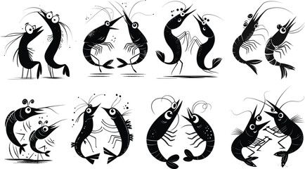A collection of cartoon shrimp in black and white interacting in various playful and whimsical poses
