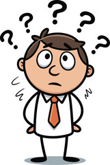 Cartoon confused businessman, question marks, puzzled expression, office attire, vector illustration, doubt concept, thinking pose, professional character