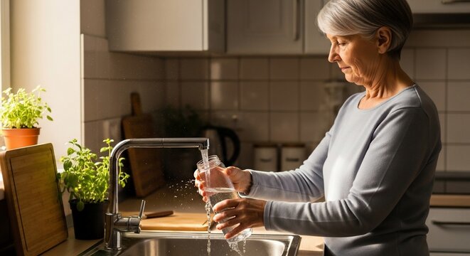 Woman Washing Glass at Kitchen Sink: A serene image of a mature woman filling a clear glass with water at her kitchen sink, embodying daily life, hygiene, and hydration.  - Powered by Adobe