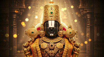 Stunning golden deity statue radiates divine energy in a spiritual and religious setting