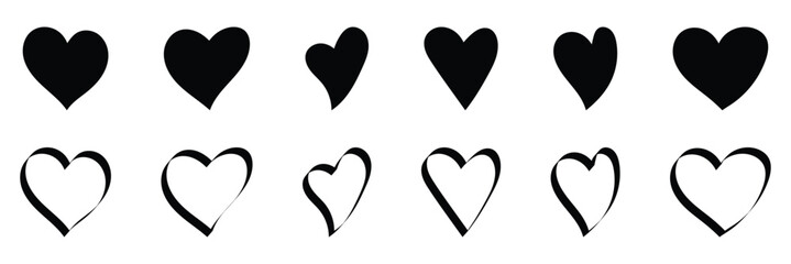 Vector isolated hearts set black and white, filled and outline silhouette. Heart doodle icon set. Hearts sketchy valentine collection
