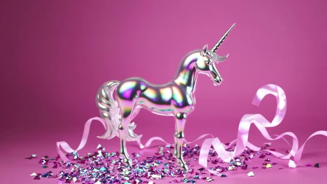 Beautiful Pearl-Textured Unicorn Figure on Pink Background Adorned with Glitter Confetti for Invitation, Birthday, Bachelorette Party, and Baby Shower Concepts