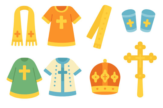 Liturgical Garments Icons. Flat vector mini-illustrations liturgical garments in colors children's illustrations: epitrachelion,