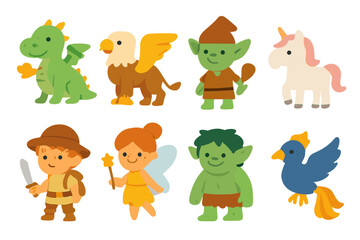 Fototapeta premium Magical Creature Grid. Flat vector mini-illustrations quest creatures in colors children's illustrations: dragon, griffin, goblin,