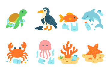 Fototapeta premium Marine Pollution Icons. Flat vector mini-illustrations affected marine animals in colors children's illustrations: turtle tangled