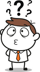 Cartoon confused businessman, question marks, surprised expression, office attire, vector illustration, doubt concept, thinking pose, professional character, idea theme