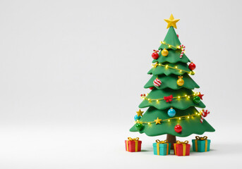 Colorful Christmas tree adorned with ornaments and lights beside neatly wrapped gifts
