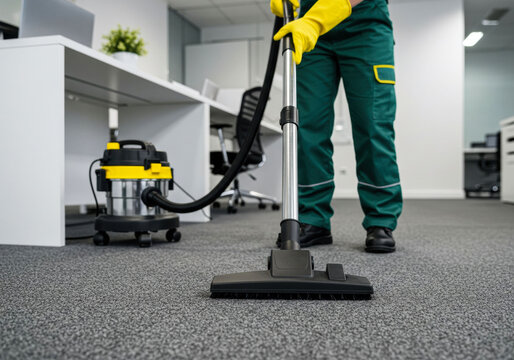 Cleaning of an office space using vacuum on carpet with professional worker wearing protective gloves