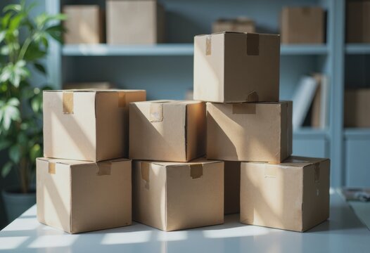 Ceramics packaging associate standing by a stack of plain cardboard boxes - Powered by Adobe