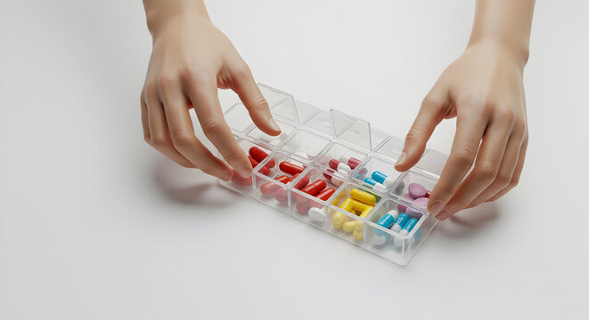Hands Organizing A Clear Plastic Pill Organizer With Colorful Capsules And Tablets For Daily Medication Management And Easy Accessibility