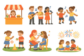 Parish Festival Celebrations. Flat vector mini-illustrations Parish festivals in colors children's illustrations: food stalls,