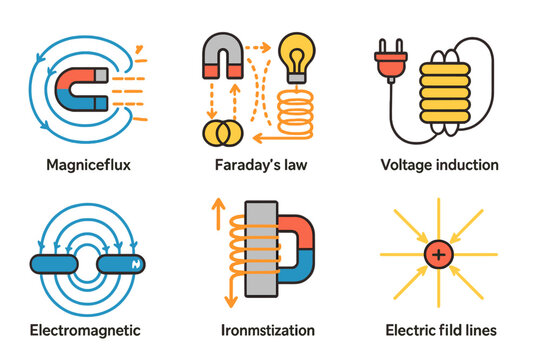 Physics for Kids. Flat vector mini-illustrations transformer physics in colors children's illustrations: magnetic flux, Faraday&rsquo;s