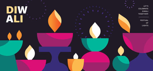 Happy Diwali Hindu festival modern design with hands, Diya oil lamps and typography. Vector illustration for greeting card, poster, cover, banner.
