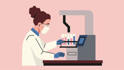 Scientist placing test tubes in automated liquid handling robot for laboratory analysis, wearing protective mask and gloves in medical research lab. Flat vector illustration