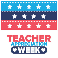Teacher Appreciation Week in United States. Celebrated annual in May. In honour of teachers who hard work and teach our children. School and education. Student learning concept. Vector illustration
