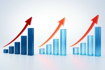 Three rising bar graphs with red arrows indicating upward financial growth and success