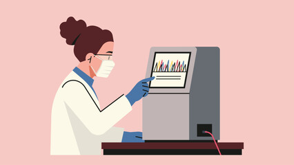 Scientist reading results on next generation sequencer for DNA analysis, wearing protective mask and gloves in genomic research laboratory. Flat vector illustration
