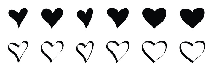 Vector isolated hearts set black and white, filled and outline silhouette. Heart doodle icon set. Hearts sketchy valentine collection
