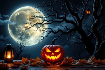 Fototapeta premium Glowing carved pumpkin with eerie face sits on wooden surface with autumn leaves under a full moon and spooky tree