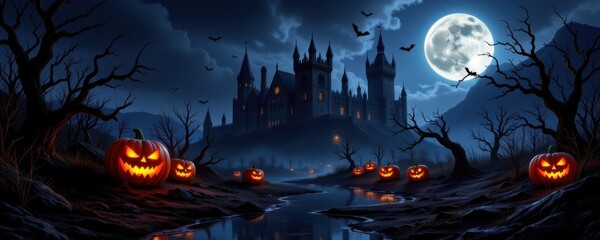 Spooky Halloween night with glowing jack o' lanterns a haunted castle and bats flying under a full moon