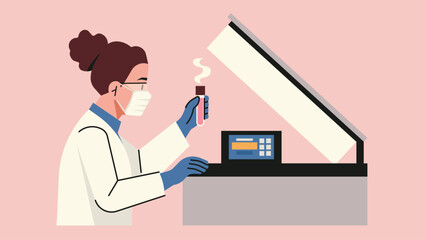 Scientist using cryo freezer for storing frozen sample tubes, wearing protective mask and gloves in laboratory environment. Flat vector illustration