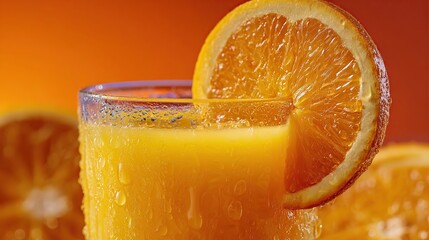 A detailed close-up of a cold glass of freshly squeezed orange juice, garnished with a ripe orange slice and covered in condensation