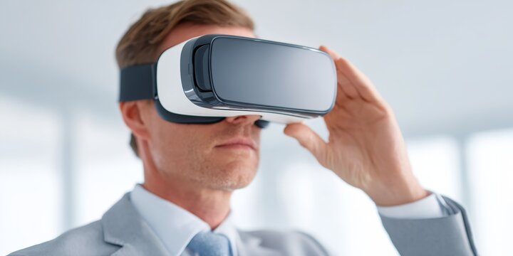 Man wearing a suit and tie is wearing a virtual reality headset. - Powered by Adobe