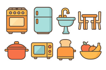 Whimsical Kitchen Icons. Flat vector mini-illustrations home kitchen in colors children's illustrations: stove, refrigerator, sink