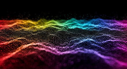 Dynamic Abstract Digital Landscape Featuring Undulating Waves of Luminous, Multi-Colored Particles, Illustrating a Flow of Energy or Information with a Gradient Rainbow Spectrum
