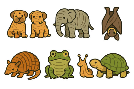 Wrinkled Animal Icons. Flat vector mini-illustrations wrinkled animals in colors children's illustrations: wrinkled puppies, shar
