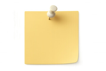 Yellow sticky note pinned with white pushpin, providing clear space for writing personal notes or reminders against clean transparent backdrop