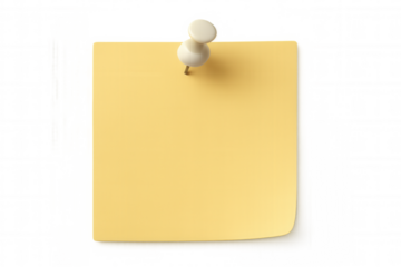 Yellow sticky note pinned with white pushpin, providing clear space for writing personal notes or reminders against clean transparent backdrop