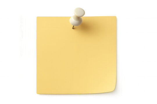 Yellow sticky note pinned with white pushpin, providing clear space for writing personal notes or reminders against clean transparent backdrop