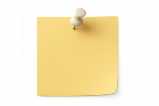 Yellow sticky note pinned with white pushpin, providing clear space for writing personal notes or reminders against clean transparent backdrop