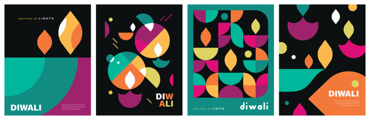 Set of happy Diwali Hindu festival modern design with diya oil lamps, colorful geometric and typography. Vector illustration for greeting card, poster, cover, banner.
