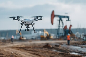 White drone is flying over a construction site.