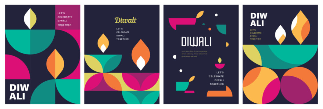 Set of happy Diwali Hindu festival modern design with diya oil lamps, colorful geometric and typography. Vector illustration for greeting card, poster, cover, banner.
