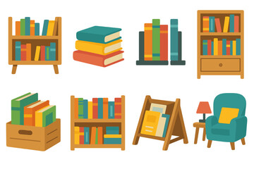 Children's Book Icons. Flat vector mini-illustrations book storage in colors children's illustrations: bookshelf, stack of books,