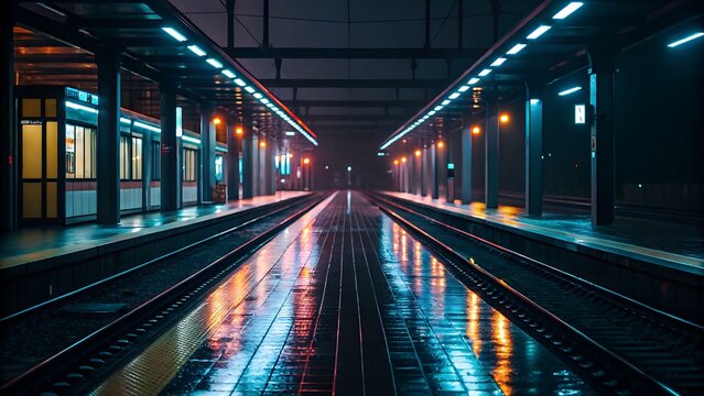 Deserted train station with wet tracks and neon lights, suitable for travel blogs, transportation articles, urban exploration websites. - Powered by Adobe