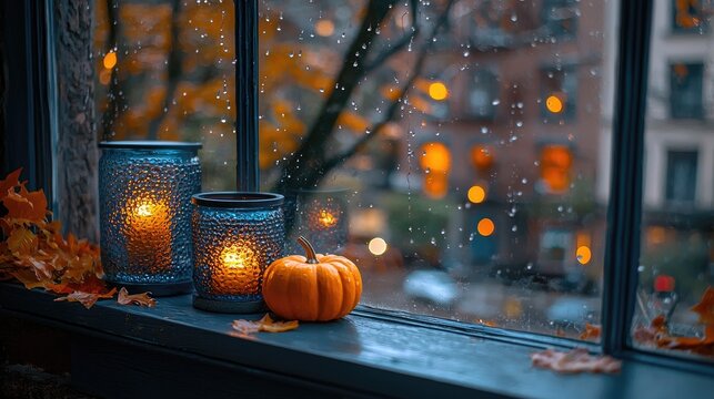 Textured glass candle holders emit warm glow with orange pumpkin and autumn leaves on rainy windowsill, raindrops streak pane, soft bokeh city lights backdrop for fall decor inspiration.